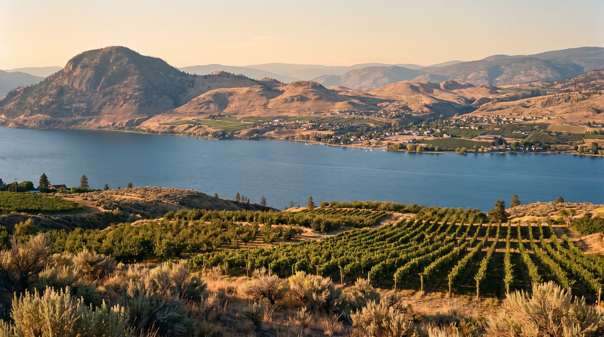 View west across Okanagan Lake from the Naramata bench, vineyards and sagebrush in the foreground, Summerland and Giant's Head Mountain on the far shore at golden hour.
